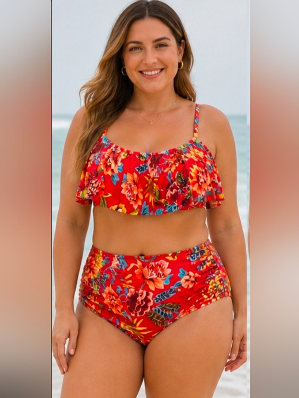 New SEXY LARGE Sunn Swim Lab Red Hawaiian two-piece ruffle Bikini HIGH waist